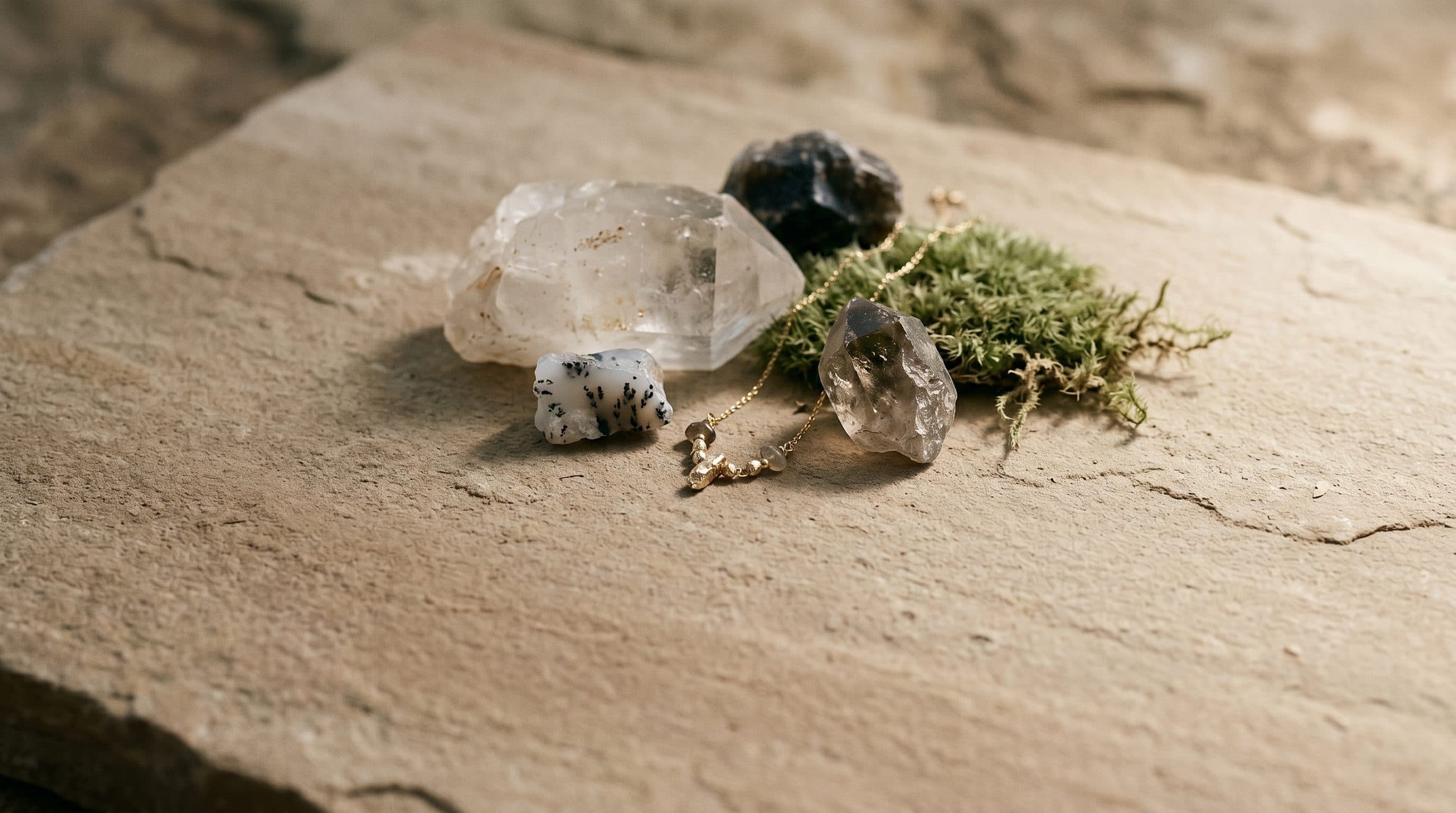 Warm mineral light over stone and moss for the Terralla earth-born jewelry hero.