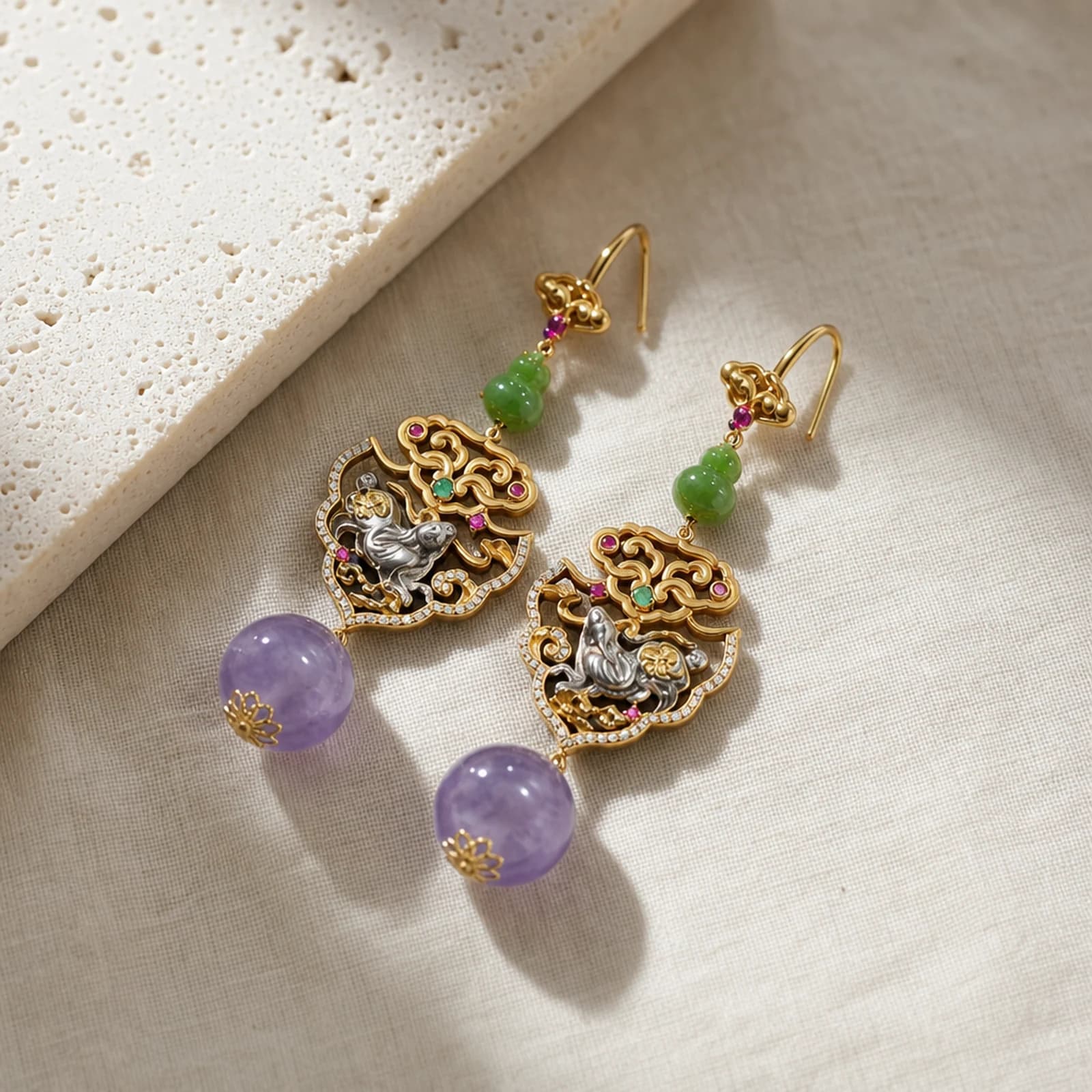 Jade Amethyst Filigree Earrings alternate angle