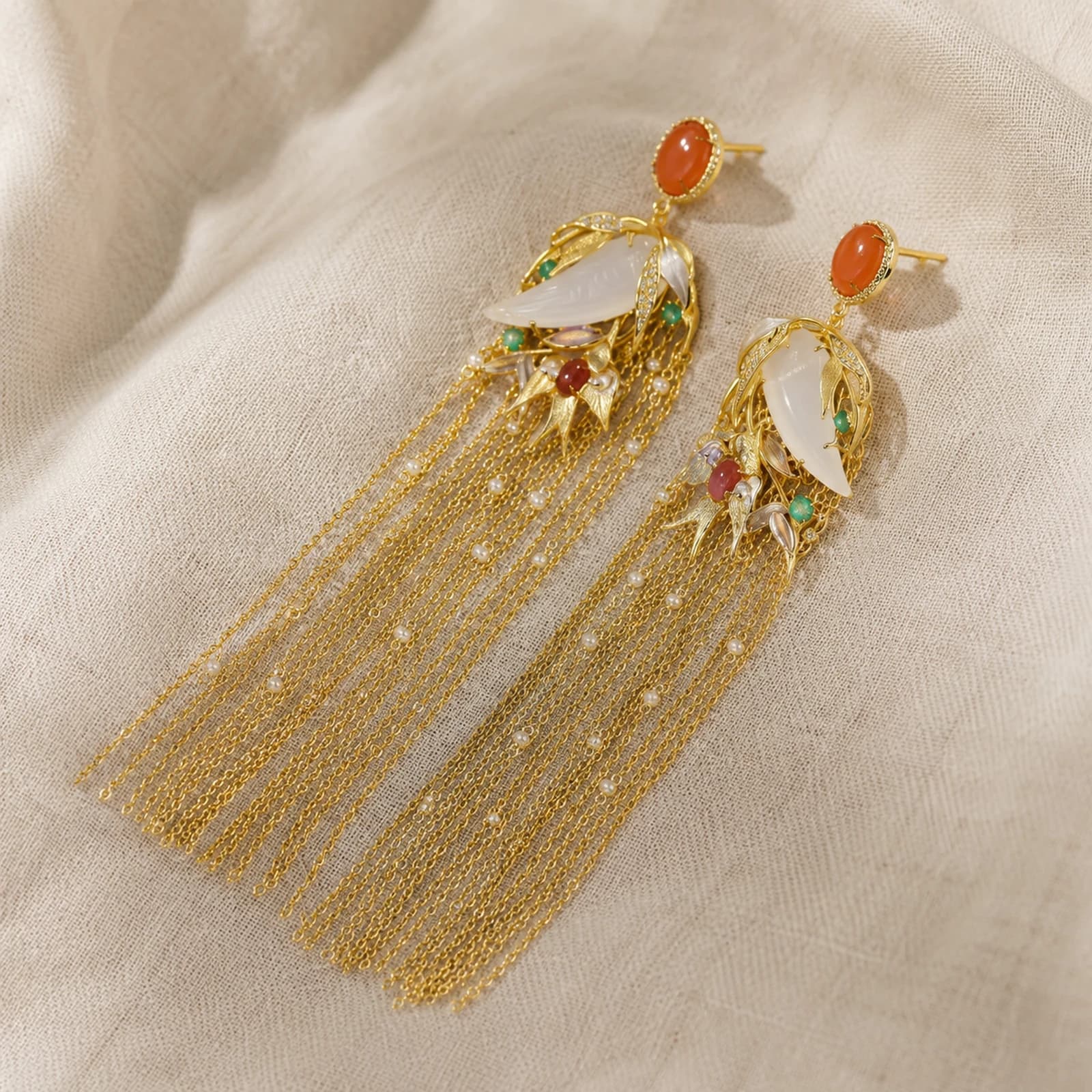 White Jade Tassel Earrings alternate angle