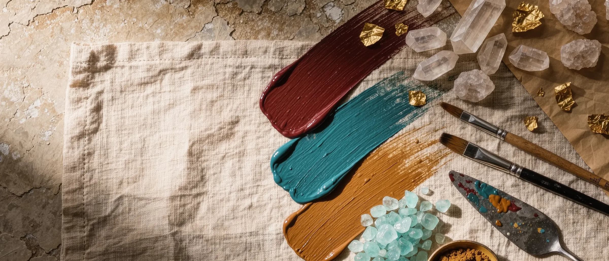 Raw quartz, aquamarine, gold leaf and thick oil paint laid out on linen