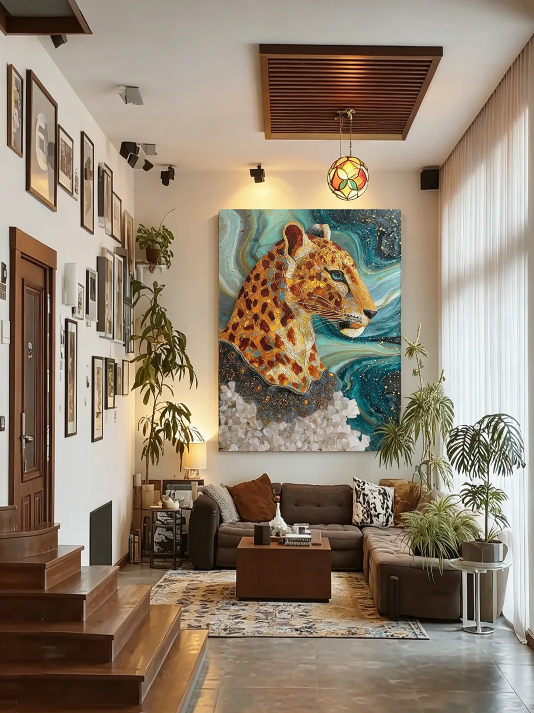 Stellar Wave Leopard hung in a quiet living room