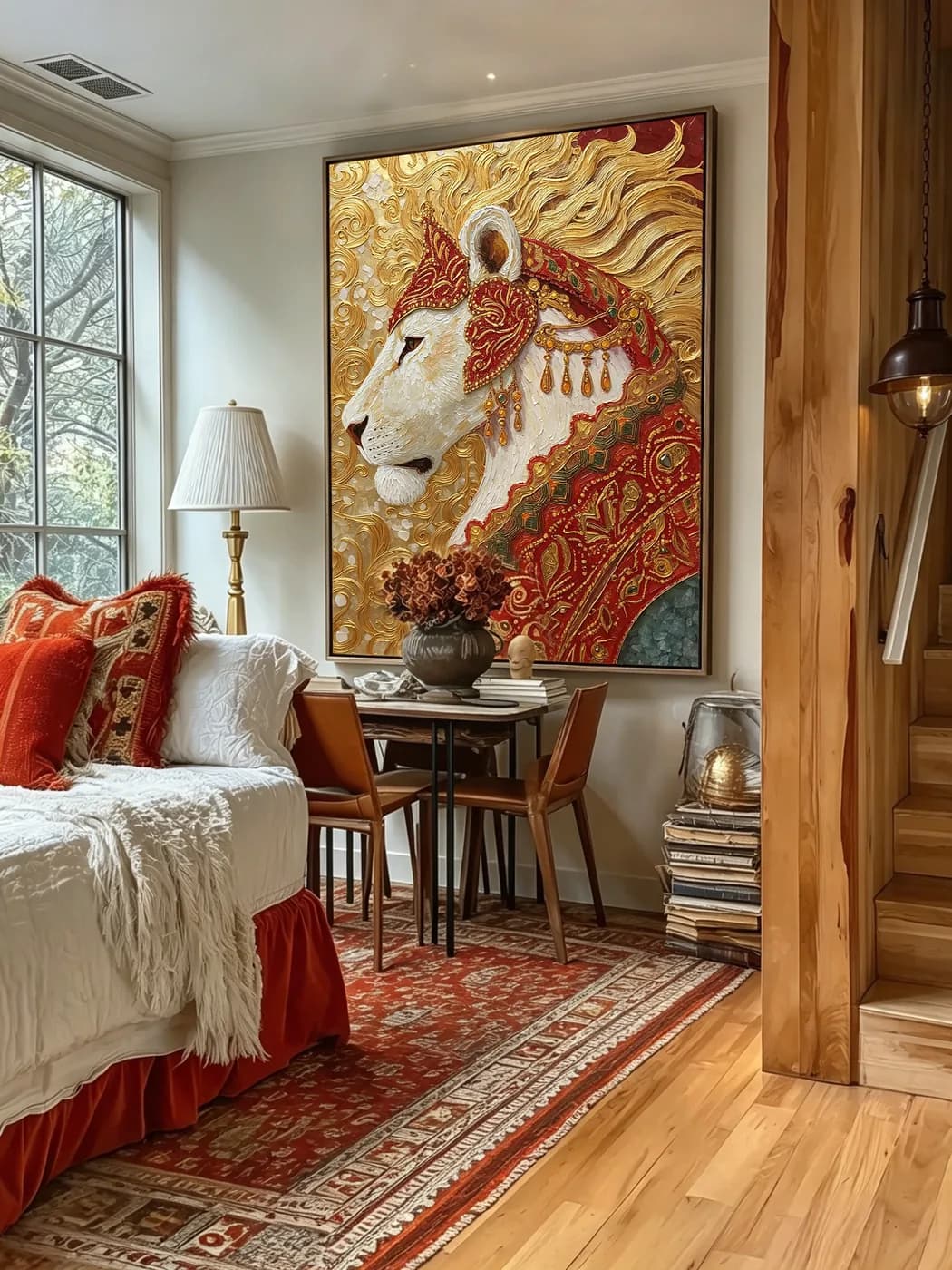 Flame Imperial Lion hung in a warm bedroom nook