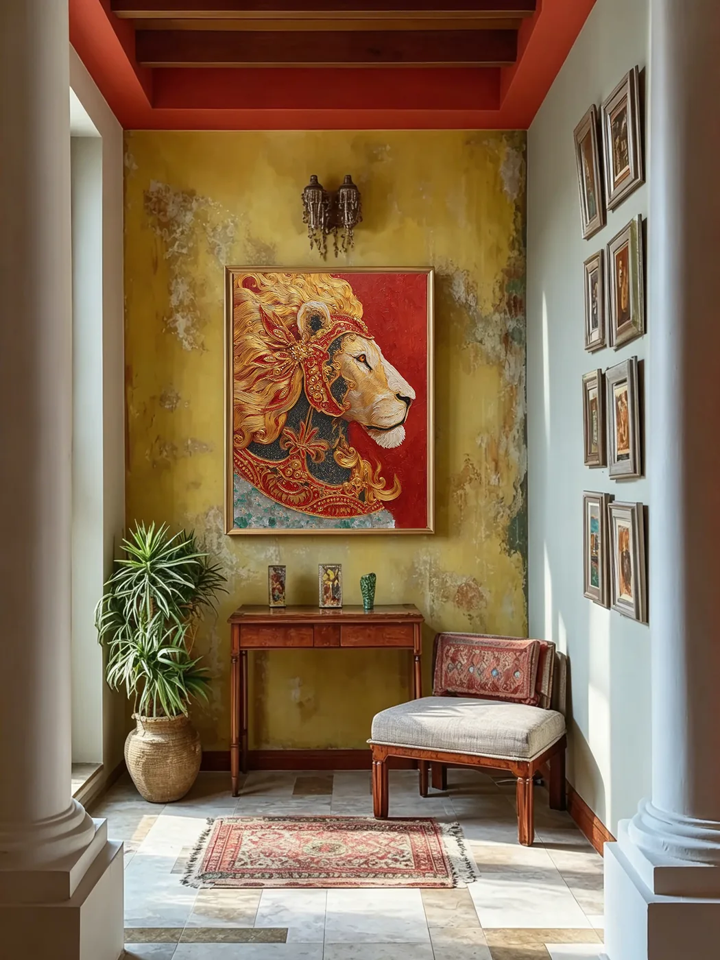 Gilded Snow Lion in an ornamented entrance hall