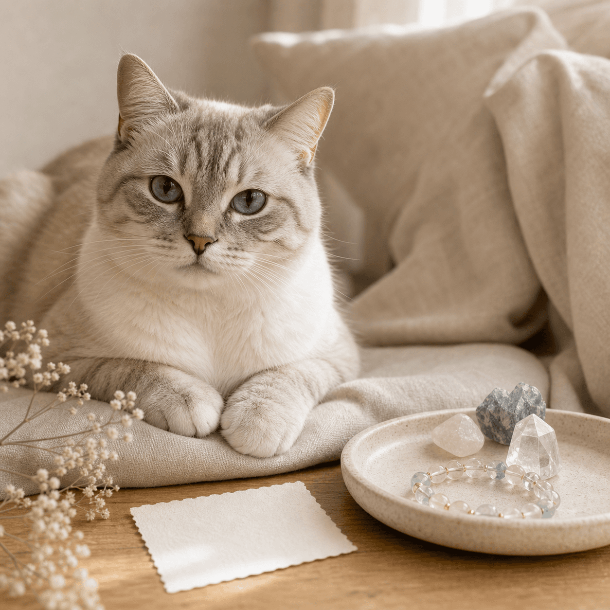 Cat beside a tray with owner-side crystal bracelet and keepsake card