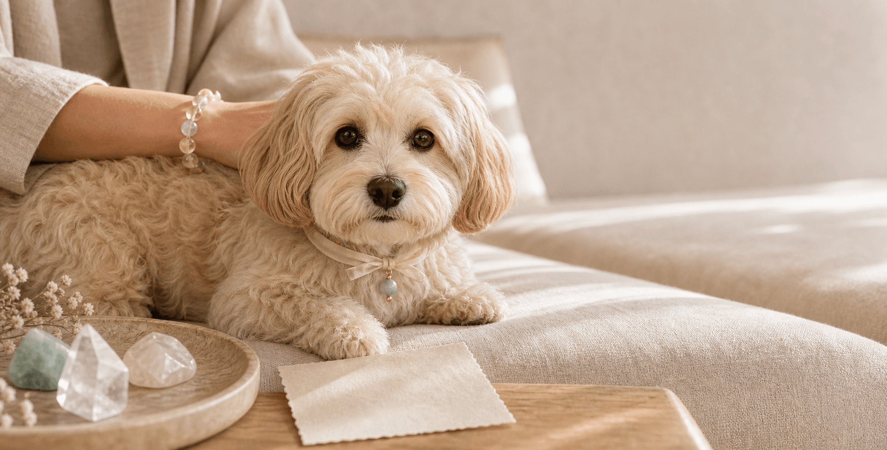 Small cream dog wearing a loose supervised crystal styling ribbon beside an owner crystal bracelet