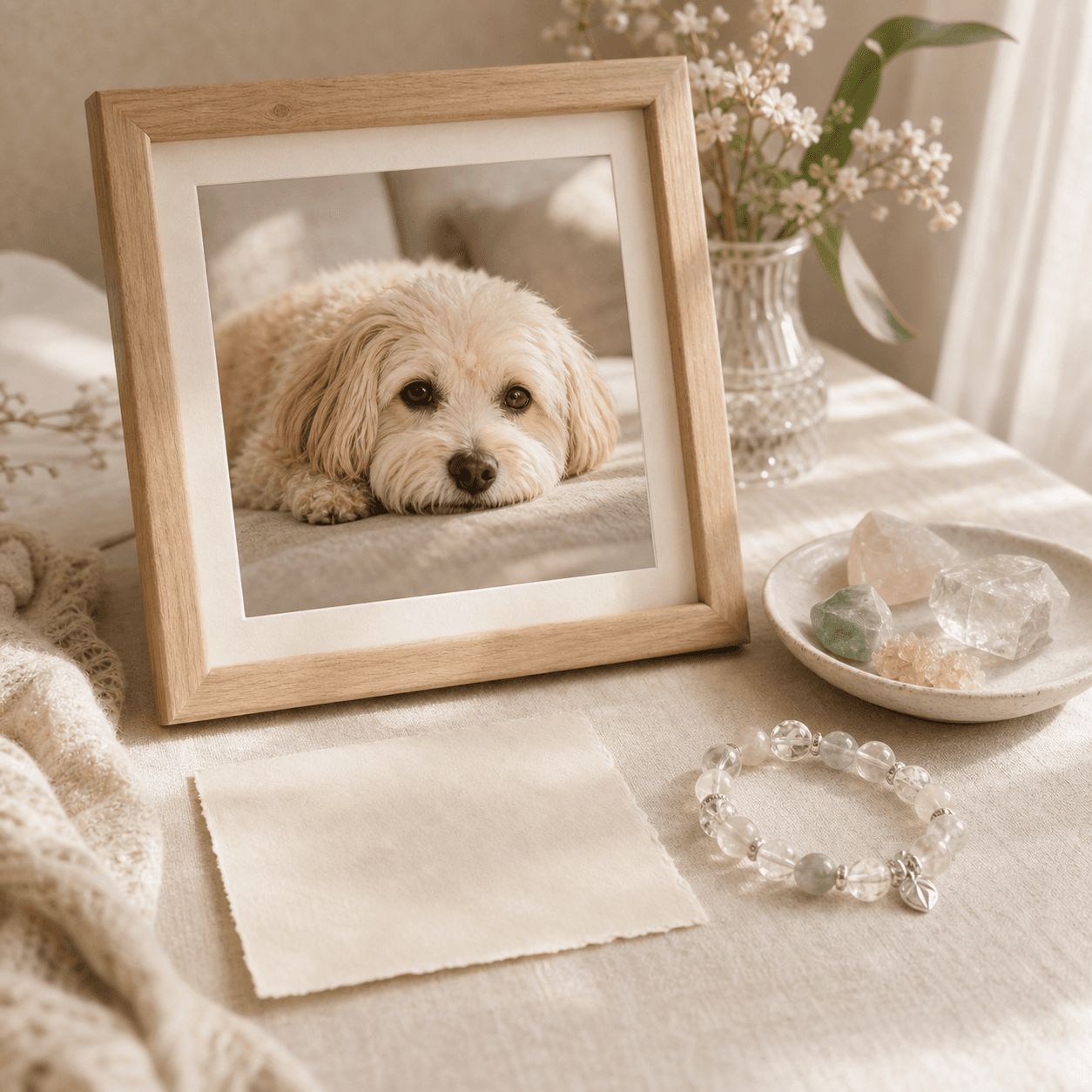 Framed dog photo with a blank name card and owner-side crystal bracelet