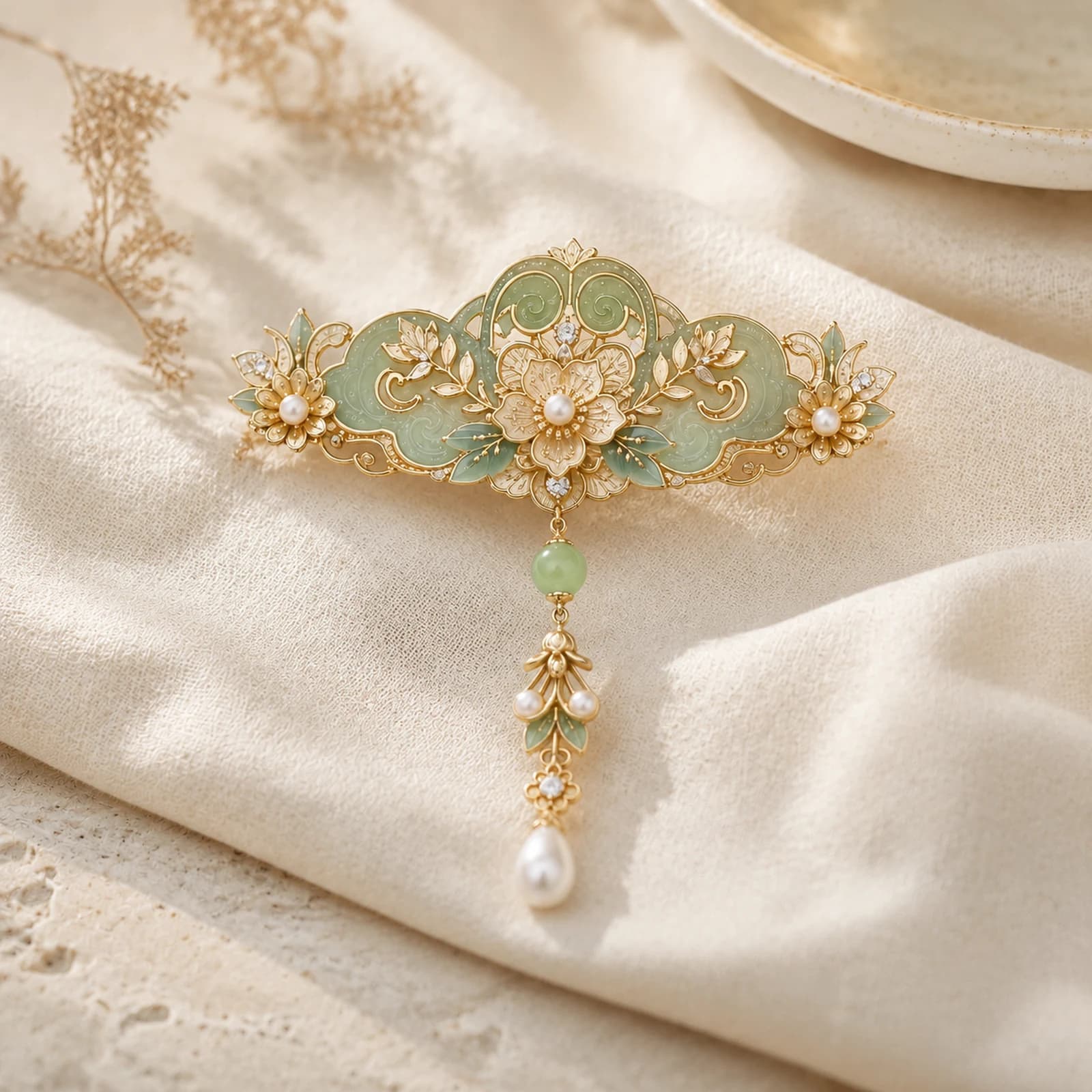 Jade Branch Filigree Brooch