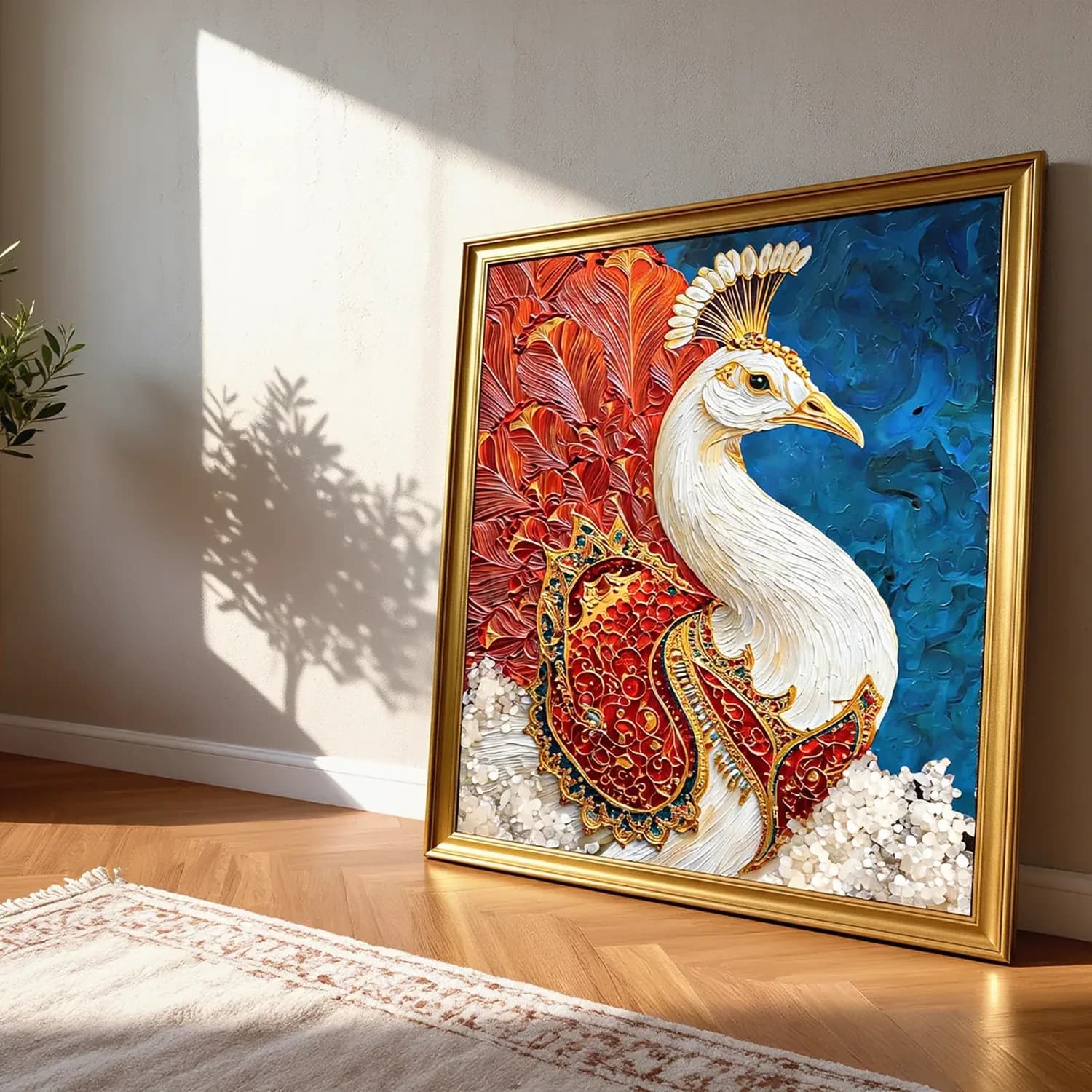 Scarlet Plume Peacock. Gilt frame, already fitted