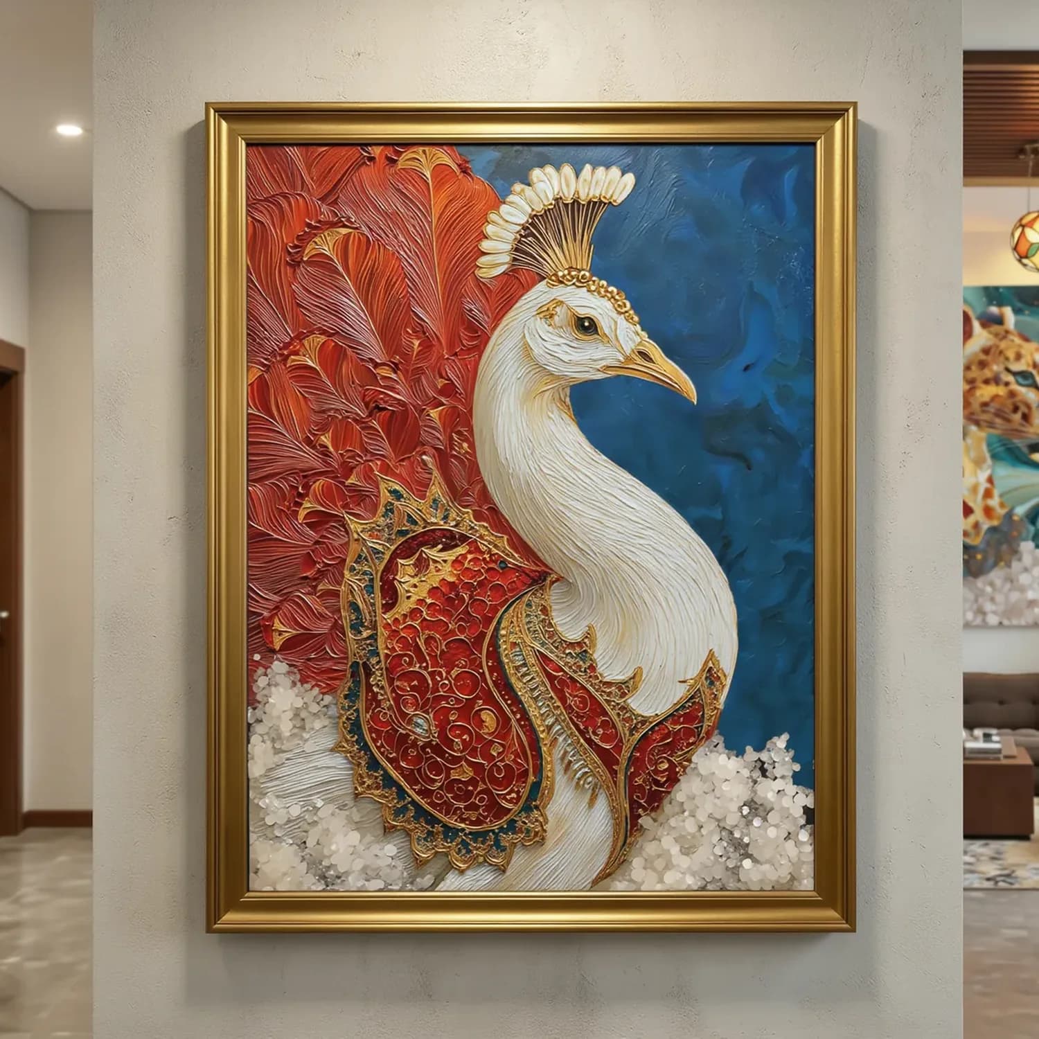 Scarlet Plume Peacock at room distance