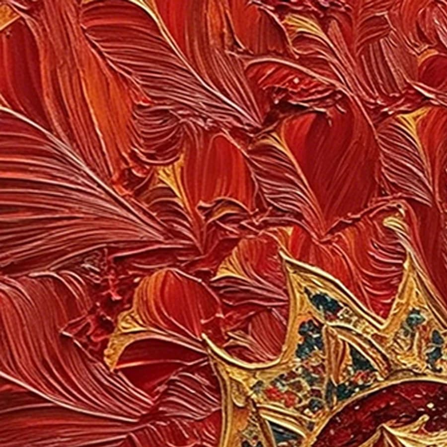 Scarlet Plume Peacock. Impasto oil and gold leaf