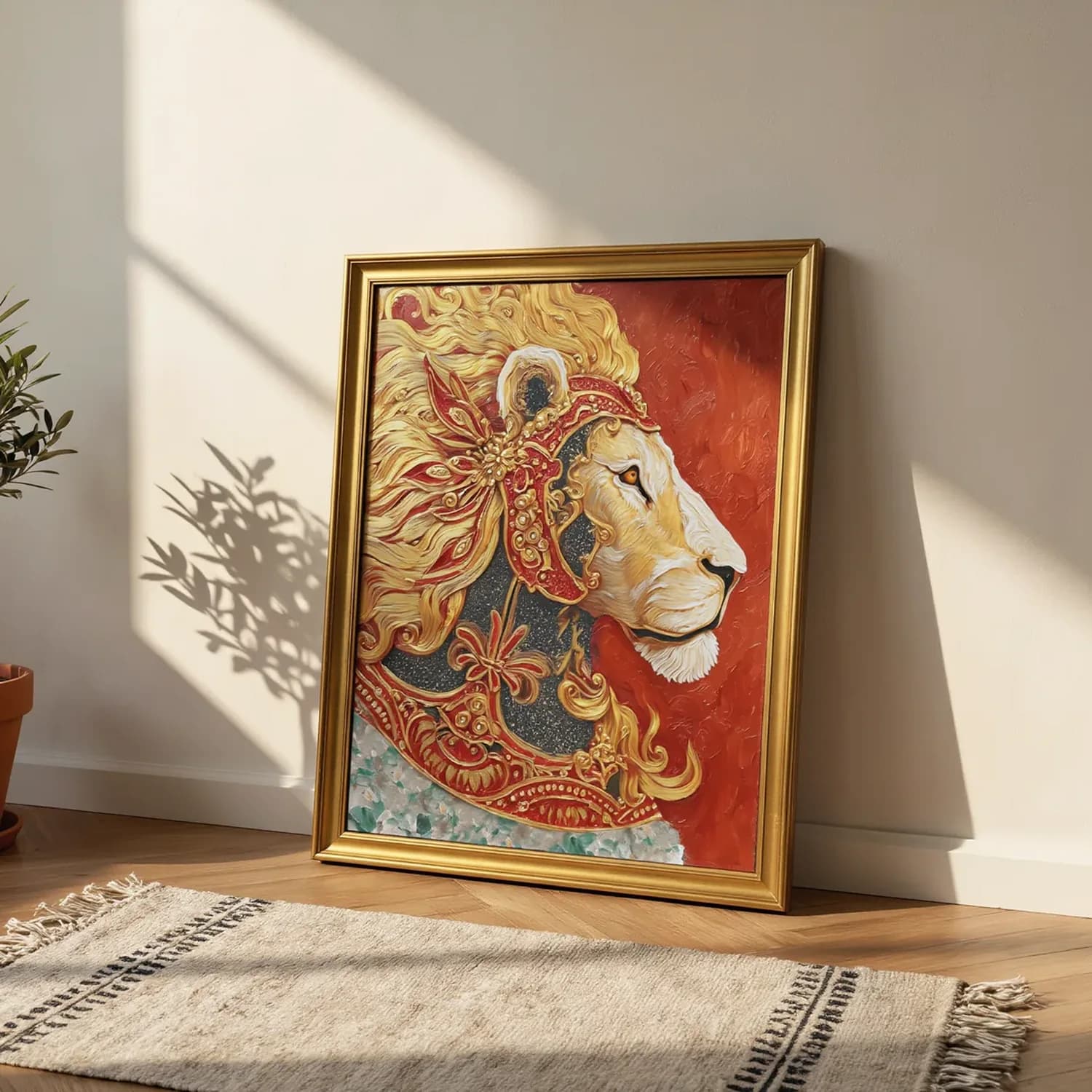 Flame Imperial Lion. Gilt frame, already fitted