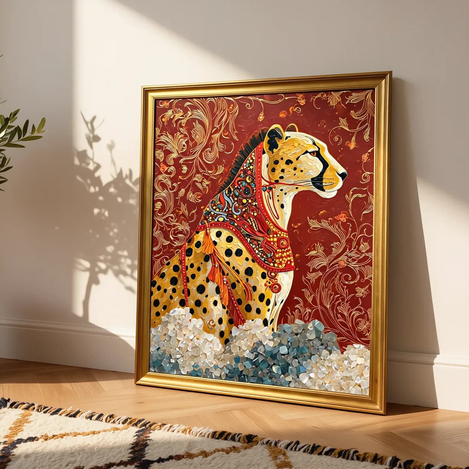 Crimson Golden Leopard. Gilt frame, already fitted