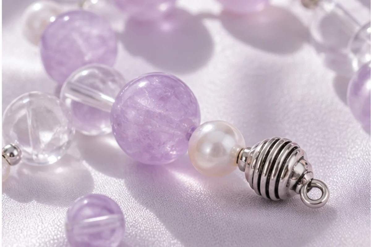 Lavender crystal pearl and silver macro material proof