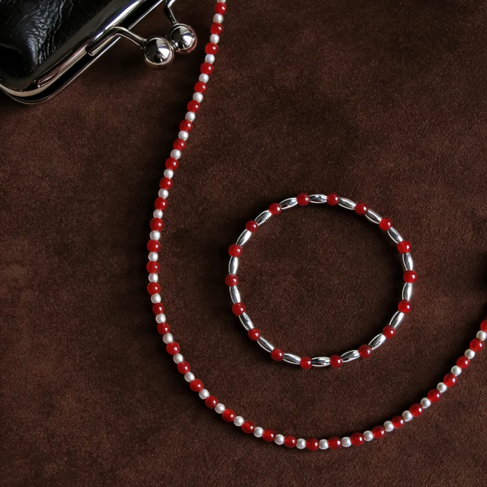 Red Bean Red Agate Silver Set - detail-01